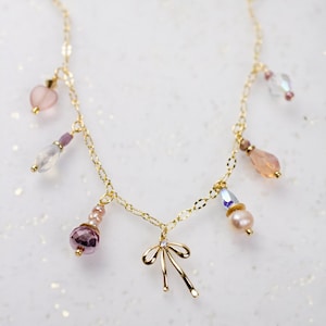 Bow Charm Necklace, Handmade Charm Necklace, Dainty charm necklace, bow beaded necklace, pearl bow necklace, gift for her, pink necklace