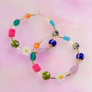 Colorful Beaded hoops, Large hoop earrings, gold filled hoops, flower beaded hoops, seed bead hoops, colorful earrings, statement earrings