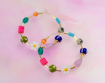 Colorful Beaded hoops, Large hoop earrings, gold filled hoops, flower beaded hoops, seed bead hoops, colorful earrings, statement earrings