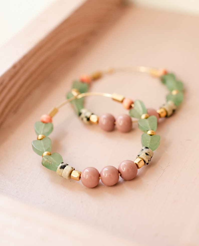 colorful jewelry gold hoop earrings jade hearts natural stone statement earrings gold filled mothers day gift Beaded heart hoops