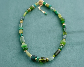 Emerald Green Beaded Necklace, Handmade Bold Gemstone and Glass Beaded Necklace