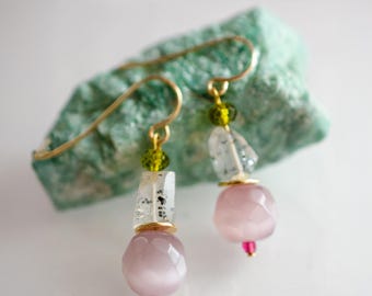 Dalmatian Quartz & Czech Bead Earrings | Gold Filled Ear Posts | Gemstone Earrings