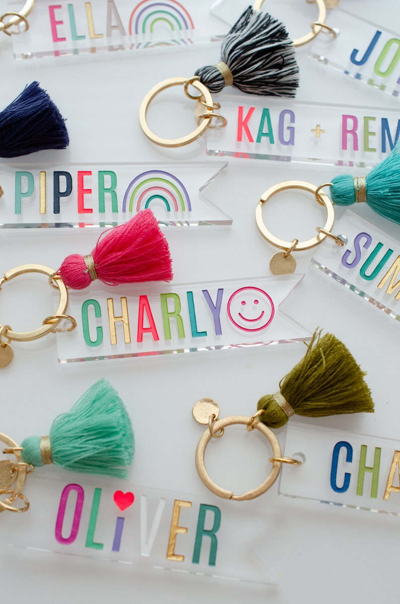 Personalized teachers gift, name keychain with tassel, custom name keychain, clear acrylic keychain, rainbow colored keychain, gift for her image 9