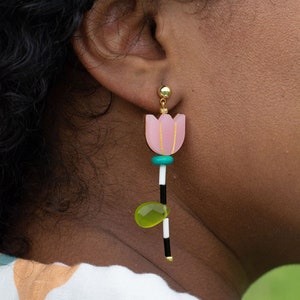 Flower beaded statement earrings, Mis-matched earrings, colorful dangle earrings, spring earrings, handmade earrings, acrylic earrings, image 4