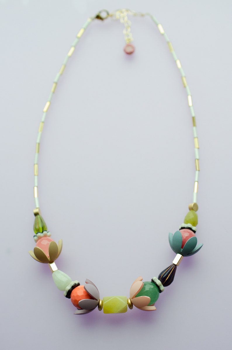 Colorful Beaded Necklace Flower Beaded Necklace Multicolored Etsy