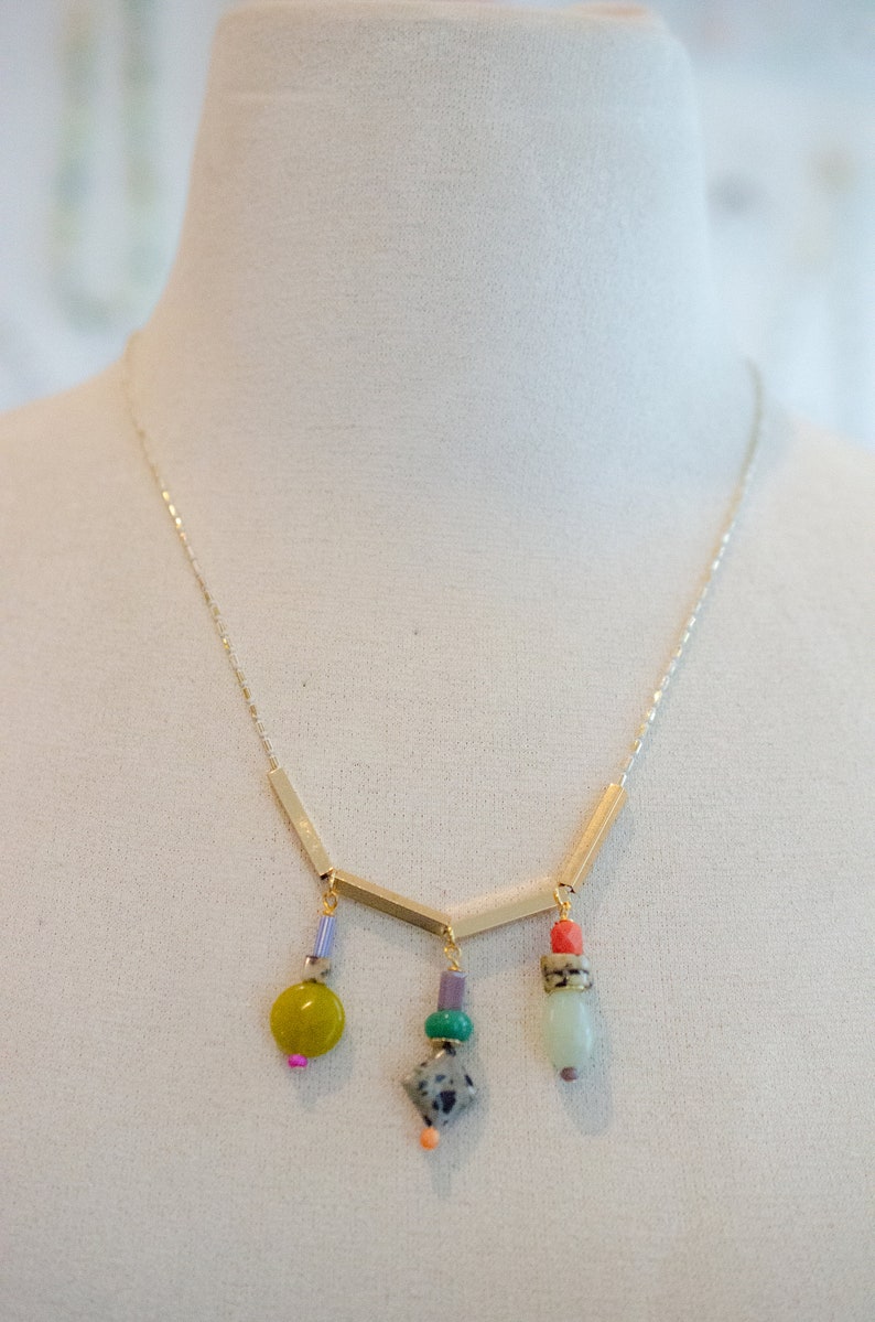 Herringbone Charm Necklace, natural stone necklace, beaded charm necklace, charm necklace, multicolored necklace, charm necklace image 4