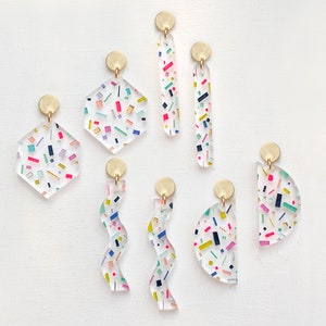 Colorful dangle earrings, geometric statement earrings, pride earrings, terrazzo jewelry, confetti earrings, bold plastic earrings, rainbow image 1