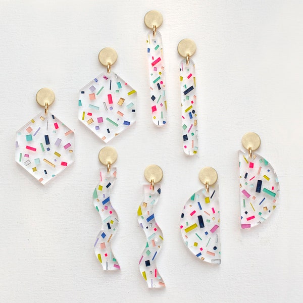 Colorful dangle earrings, geometric statement earrings, pride earrings, terrazzo jewelry, confetti earrings, bold plastic earrings, rainbow