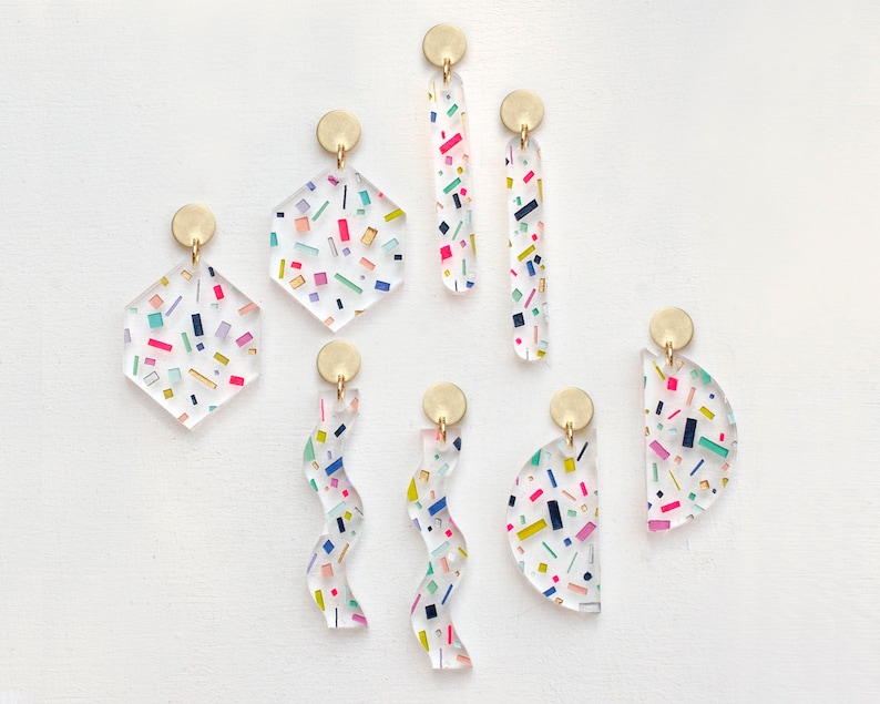 Colorful dangle earrings, geometric statement earrings, pride earrings, terrazzo jewelry, confetti earrings, bold plastic earrings, rainbow image 1