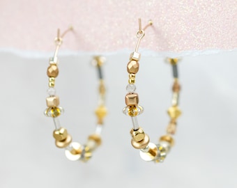 Gold bead hoops, silver beaded hoops, Gold filled beaded hoops, Lightweight beaded hoops earrings, metallic hoop earrings, mixed metal hoops