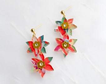 Handpainted flower earrings, Christmas drop earring, poinsettia earrings, red poinsettia earrings, colorful drop earrings, holiday earrings,