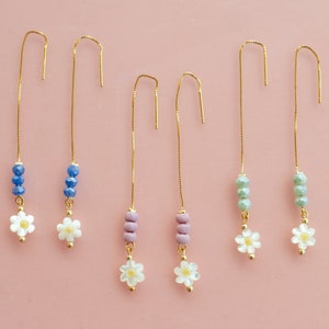 Flower threader earrings, flower dangle earrings, gold threaders, beaded earrings, Long Chain Threader Earrings, gold chain earrings,