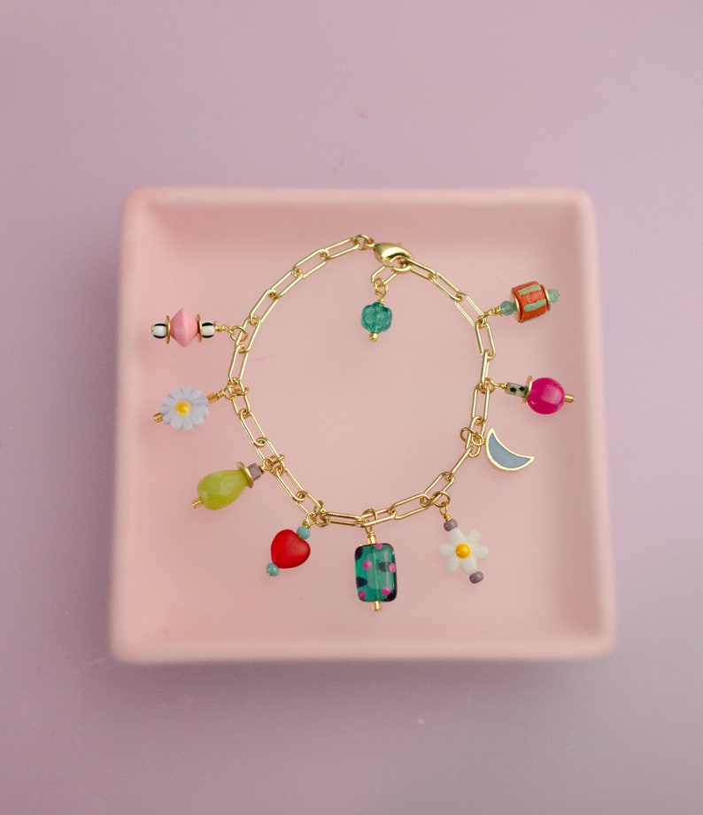 Colorful charm bracelet, gold charm bracelet, multi charm bracelet, handmade bracelet,Celestial charm Bracelet, Flower bracelet, moon charm 画像 3