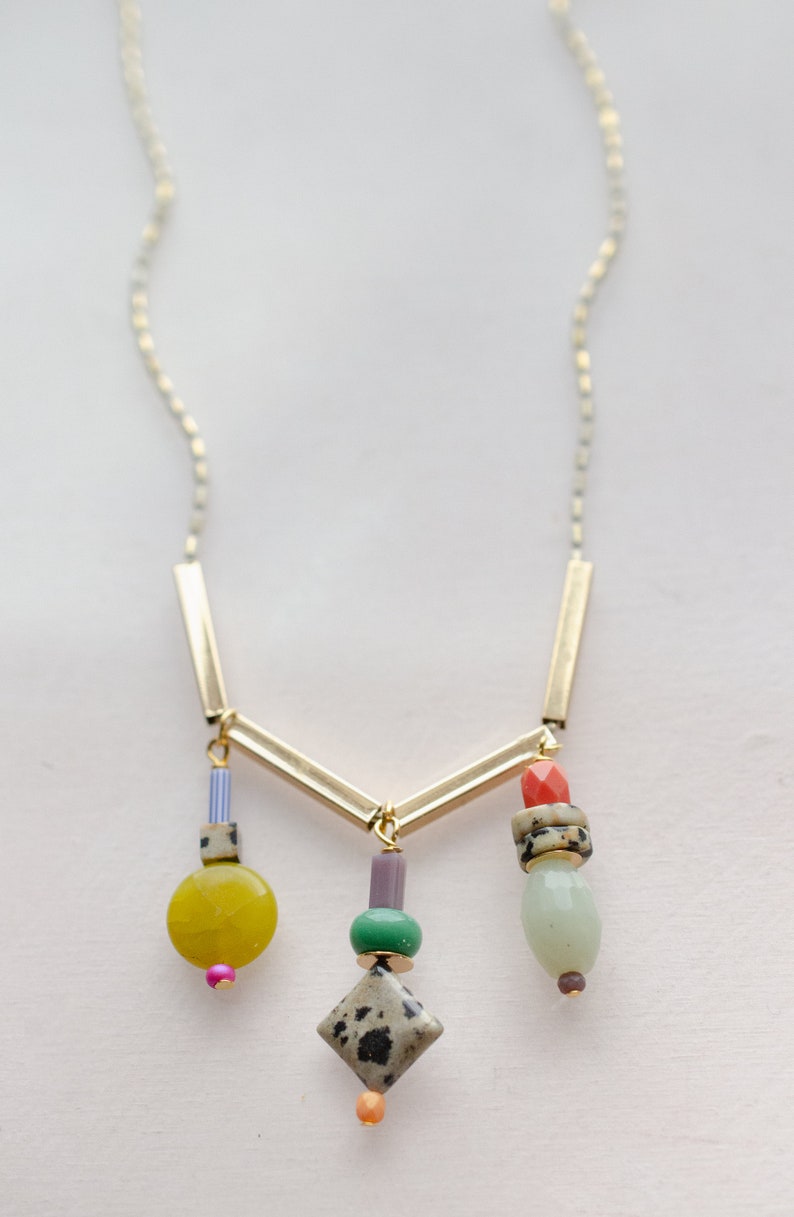 Herringbone Charm Necklace, natural stone necklace, beaded charm necklace, charm necklace, multicolored necklace, charm necklace image 2