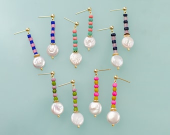 Beaded Pearl Dangle Earrings, Coin Pearl Earring, Colorful beaded earrings, Bright Pearl Earrings, Statement Pearl Dangle earrings,