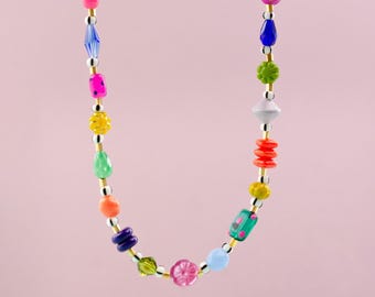Handmade beaded flower necklace, Multicolored necklace, Colorful gemstone necklace, Handmade Jewelry, Bright necklace, Necklace for her