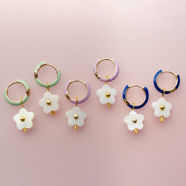 Flower Hoop Earrings, Pearl huggie hoops, flower dangle earrings, gold hoop earrings, flower earrings, small dangle earrings, gift for her,