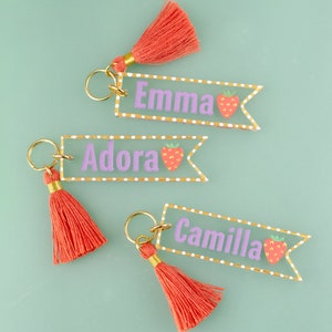 Personalized Name keychain, Strawberry keychain, custom name keychain, acrylic clear name keychain, tassel name keychain, fruit keychain,