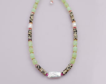 Mother of pearl beaded necklace, colorful beaded necklace, dalmatian jasper necklace, colorful statement necklace, bright necklace,