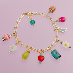 Colorful charm bracelet, gold charm bracelet, multi charm bracelet, handmade bracelet,Celestial charm Bracelet, Flower bracelet, moon charm 画像 1