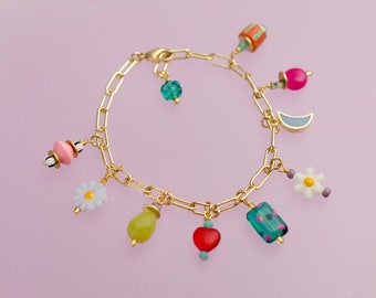Colorful charm bracelet, gold charm bracelet, multi charm bracelet, handmade bracelet,Celestial charm Bracelet, Flower bracelet, moon charm