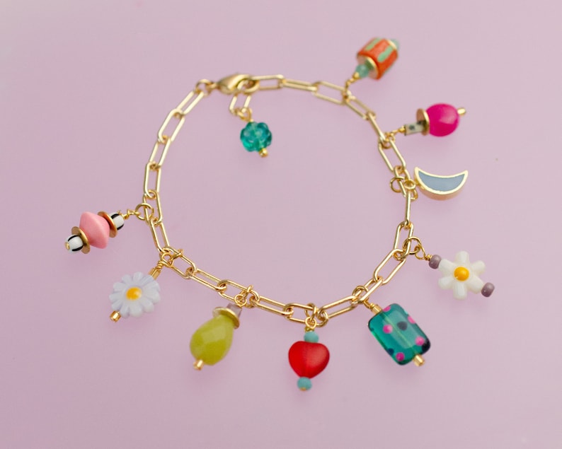 Colorful charm bracelet, gold charm bracelet, multi charm bracelet, handmade bracelet,Celestial charm Bracelet, Flower bracelet, moon charm image 1