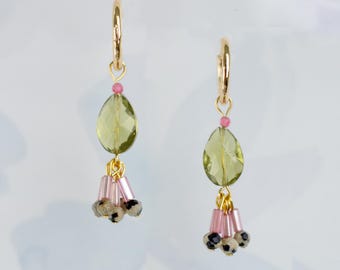 Green Quartz and Pink Dalmatian Dangle Hoop Earrings