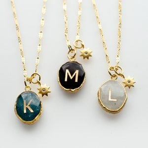 Initial Gemstone Charm Necklace, Emerald Necklace, Amethyst Necklace, Celestial Necklace, Birthstone Pendant, Personalized gift, Gemstone