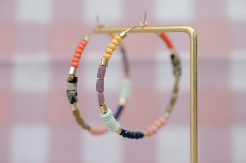 Gold filled beaded hoops, Lightweight beaded hoops earrings, colorful hoop earrings, color blocked hoops, everyday earrings, gold hoops image 3