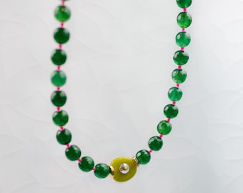 Green and Pink Beaded Necklace, Rhinestone Gemstone Necklace