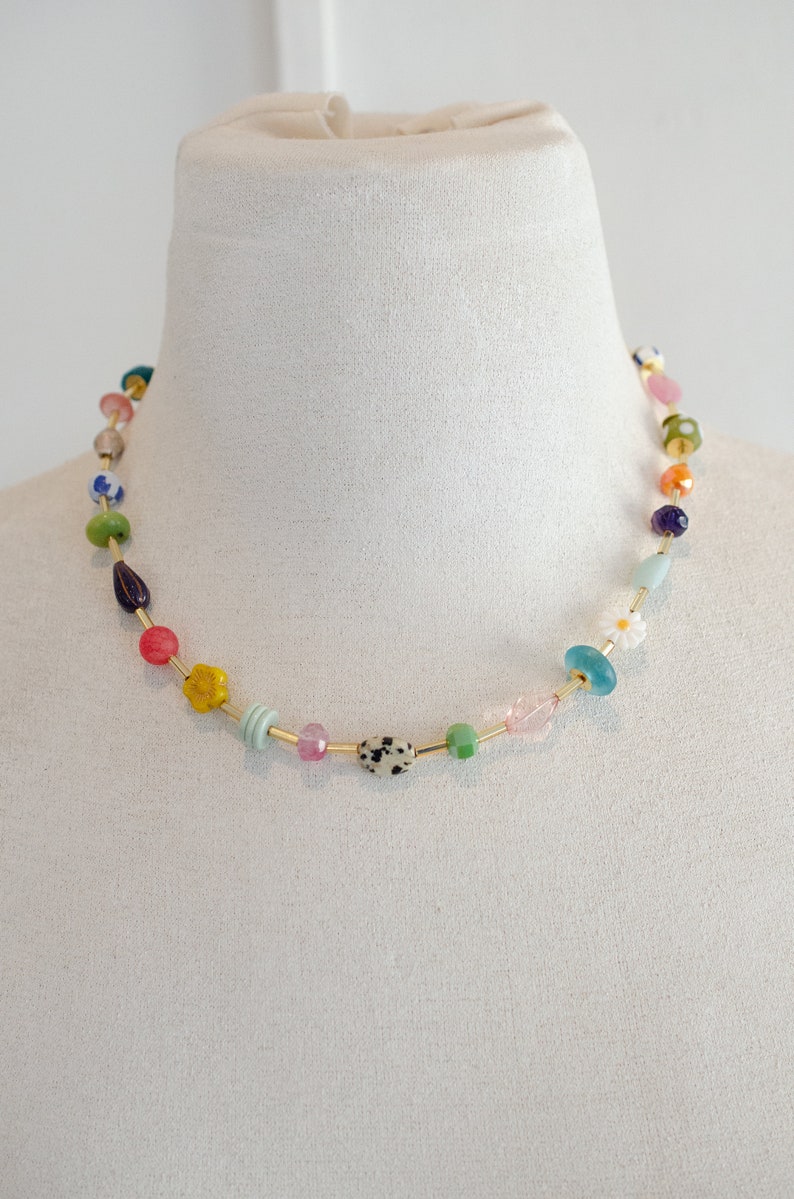 Colorful beaded friendship necklace, flower necklace, multicolored necklace, choker necklace, layering necklace, semiprecious bead necklace image 9