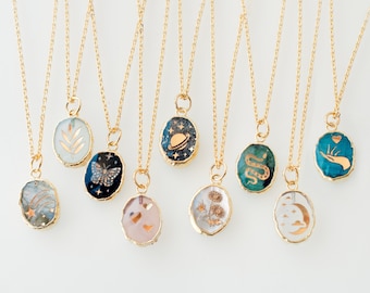 Gemstone Birthstone Necklace, Butterfly necklace, flower necklace, hearts, celestial necklace, snake necklace Saturn, gemstone necklace