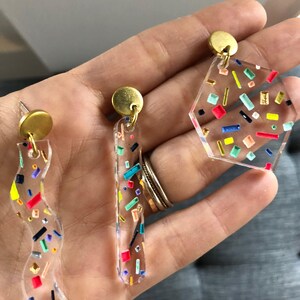 Colorful dangle earrings, geometric statement earrings, pride earrings, terrazzo jewelry, confetti earrings, bold plastic earrings, rainbow image 6