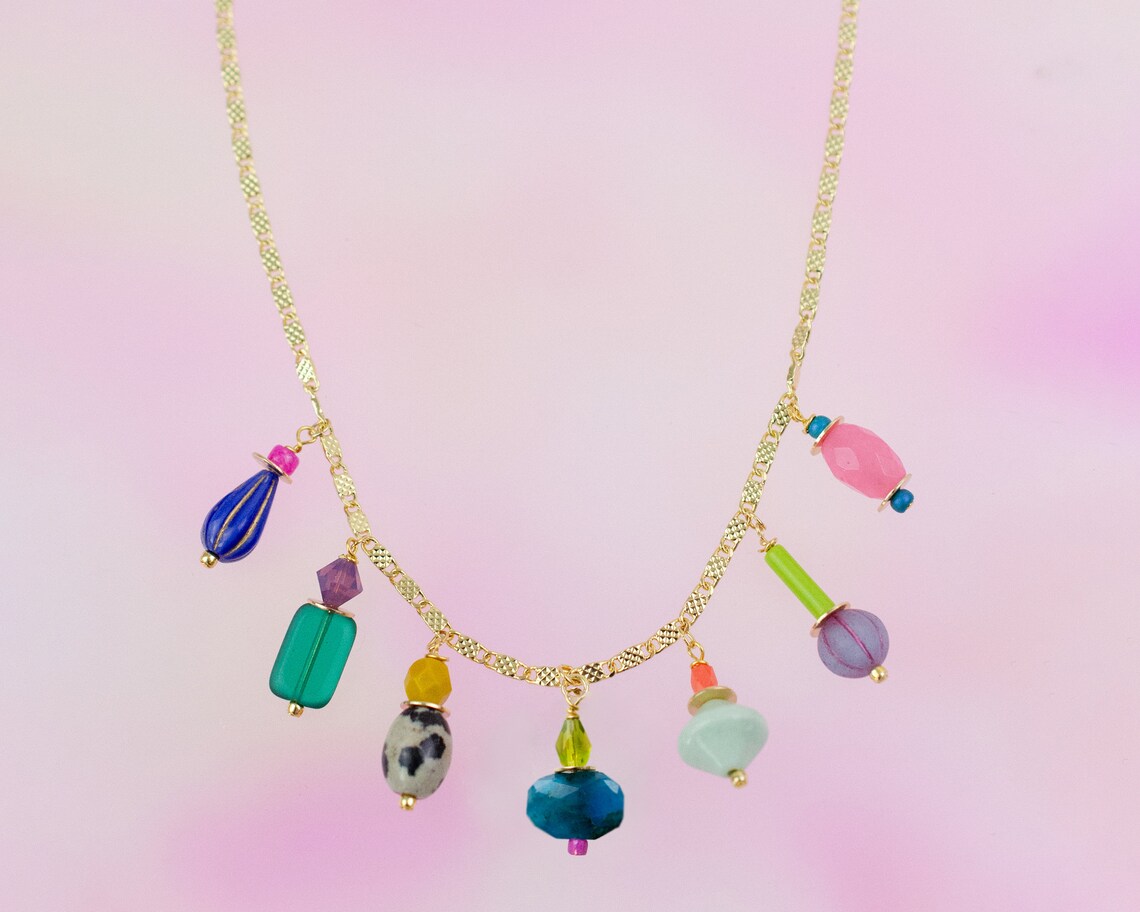 Colorful Charm Necklace, Multicharm Charm Necklace, Beaded Charm ...