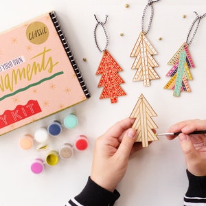 DIY Kit, Painting kit, ChristmasTree Ornament, Craft Kit, Holiday Kit, wooden trees, colorful holiday decor, Holiday craft, Classic Tree Kit image 1