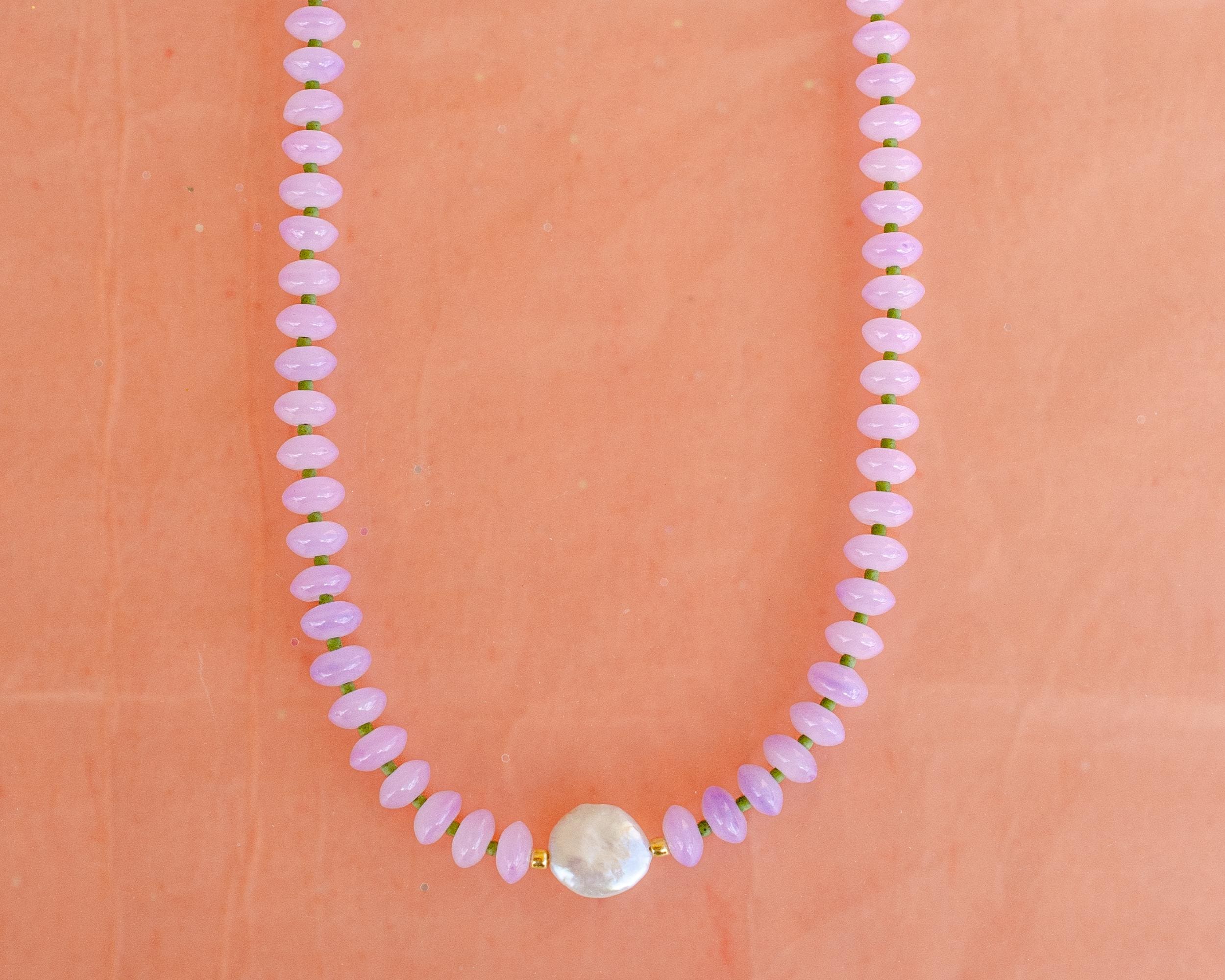 Handmade beaded pearl necklace, Purple gemstone necklace with pearl, Spring Necklace, Laying necklace, Glass Gemstone, Everyday jewelry,