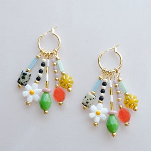 Colorful dangle earrings, Beaded charm earrings, Flower hoop earrings, daisy dangle , dangle huggie hoops, statement earrings, bright hoops image 4