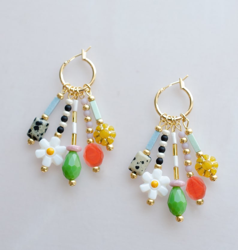 Colorful dangle earrings, Beaded charm earrings, Flower hoop earrings, daisy dangle , dangle huggie hoops, statement earrings, bright hoops image 4