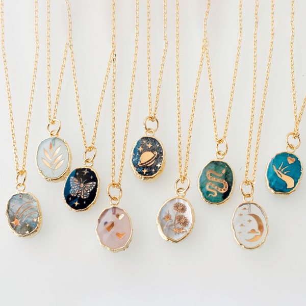 Handmade Edelstein Birthstone Halskette, Schmetterling Halskette, Blumen Halskette, Herzen, himmlische Halskette, Saturn Kette,