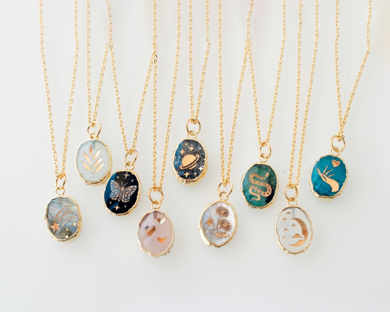 Gemstone Birthstone Necklace, Butterfly necklace, flower necklace, hearts, celestial necklace, snake necklace Saturn, gemstone necklace image 1