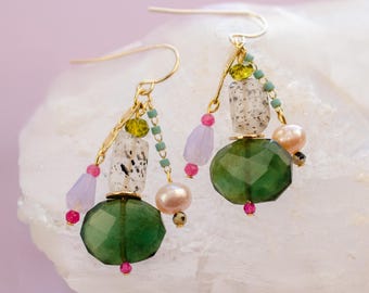 Colorful Beaded Charm Earrings, Gold Filled Gemstone Dangle Earrings