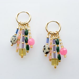 Colorful dangle earrings, Beaded charm earrings, Colorful hoop earrings, maximalism, dangle huggie hoops, statement earrings, bright hoops image 1