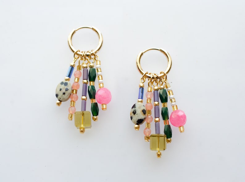 Colorful dangle earrings, Beaded charm earrings, Colorful hoop earrings, maximalism, dangle huggie hoops, statement earrings, bright hoops image 1