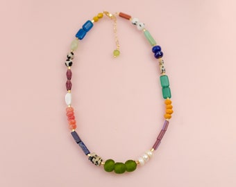 Colorful beaded necklace, gemstone beaded necklace, chunky beaded necklace, handmade jewelry,  gift for her, semi precious bead necklace