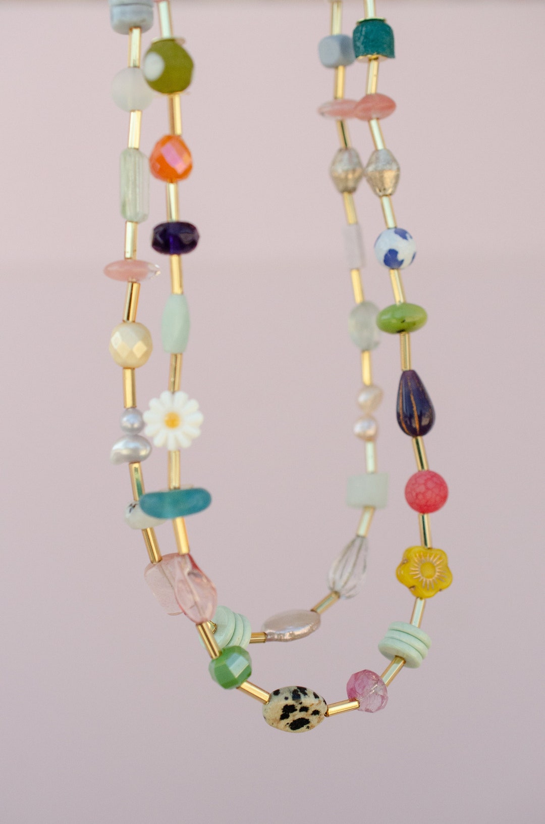 Colorful Beaded Necklace, Crystal Necklace, Spring Jewelry, Gold Beaded ...