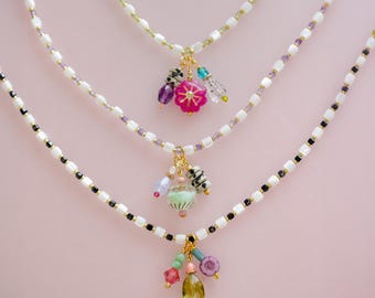 Handmade Beaded Chain and Colorful Charm Necklace