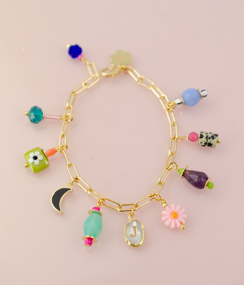 Customizable charm bracelets, Personalized charm bracelet, Pearl bracelet, initial charm bracelet, colorful charm bracelet, gifts under 50 image 9