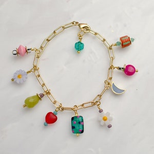 Colorful charm bracelet, gold charm bracelet, multi charm bracelet, handmade bracelet,Celestial charm Bracelet, Flower bracelet, moon charm image 7