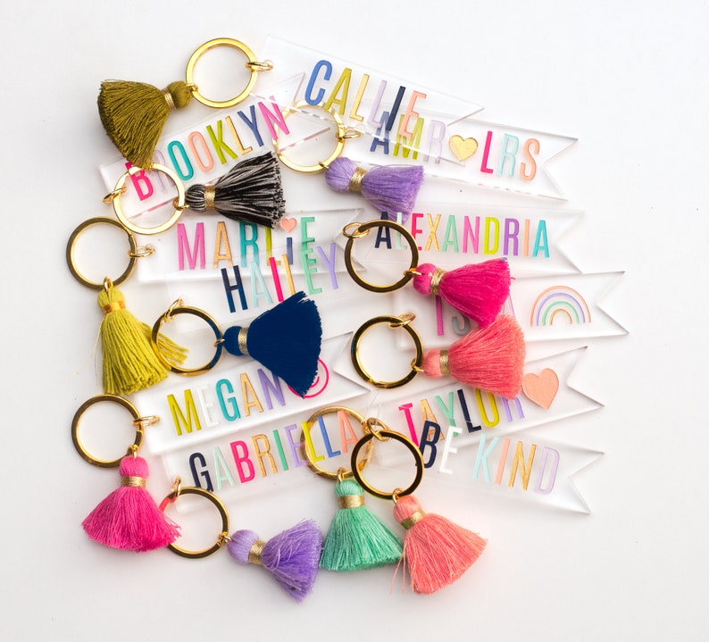 Personalized teachers gift, name keychain with tassel, custom name keychain, clear acrylic keychain, rainbow colored keychain, gift for her image 4