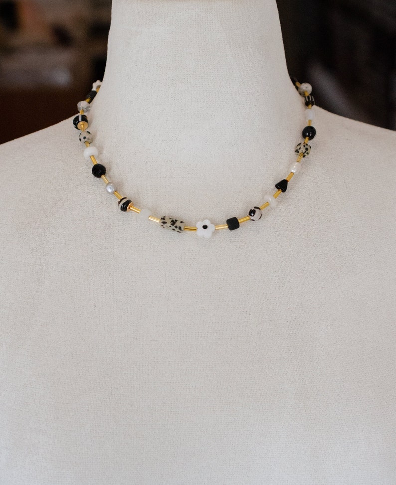 Black and white Beaded Necklace, Black and white necklace, fall beaded necklace, flower beaded necklace, neutral necklace, black necklace image 2